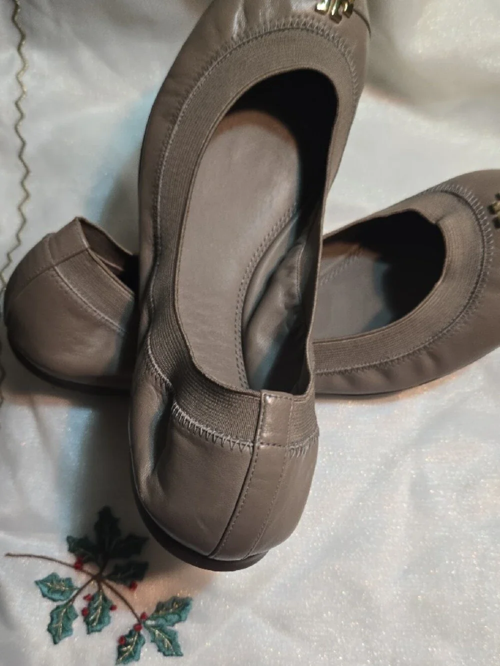 Tory Burch Taupe Patent & Leather Logo Ballet Flats